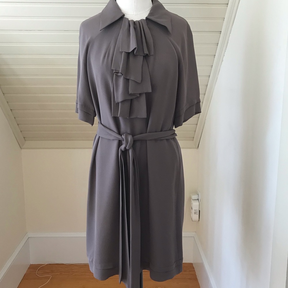 Ali Ro Taupe Silk Ruffle Neck Shift Dress 4
